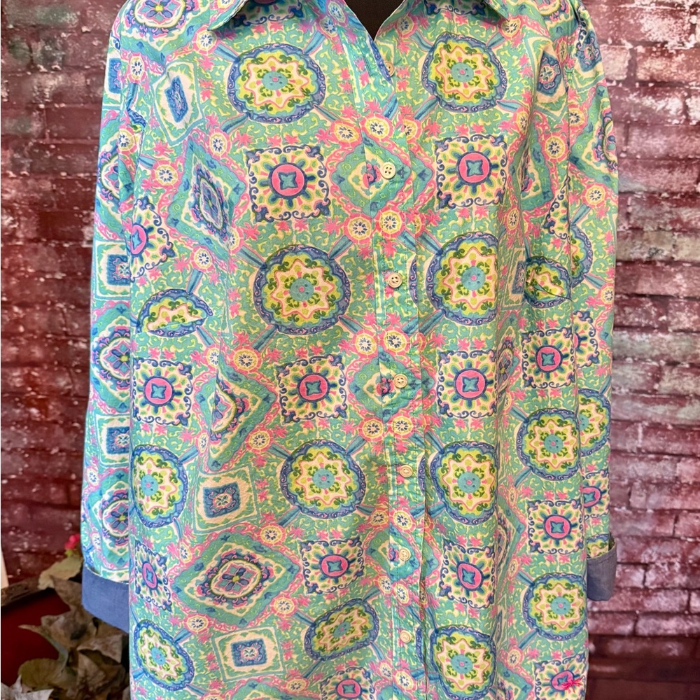Talbots Green Multi-Pattern Button-Up Blouse with Pink and Blue Accents